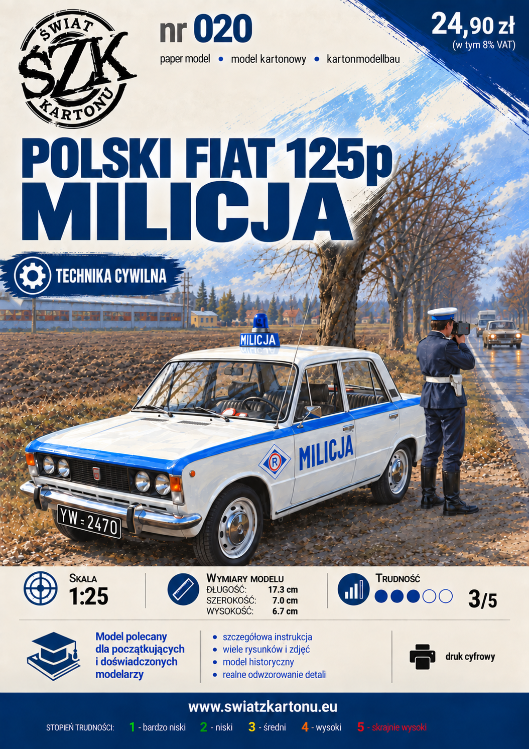 Polski Fiat 125p Milicja 1:25 – model kartonowy samochodu MO – ŚzK 020 NEW