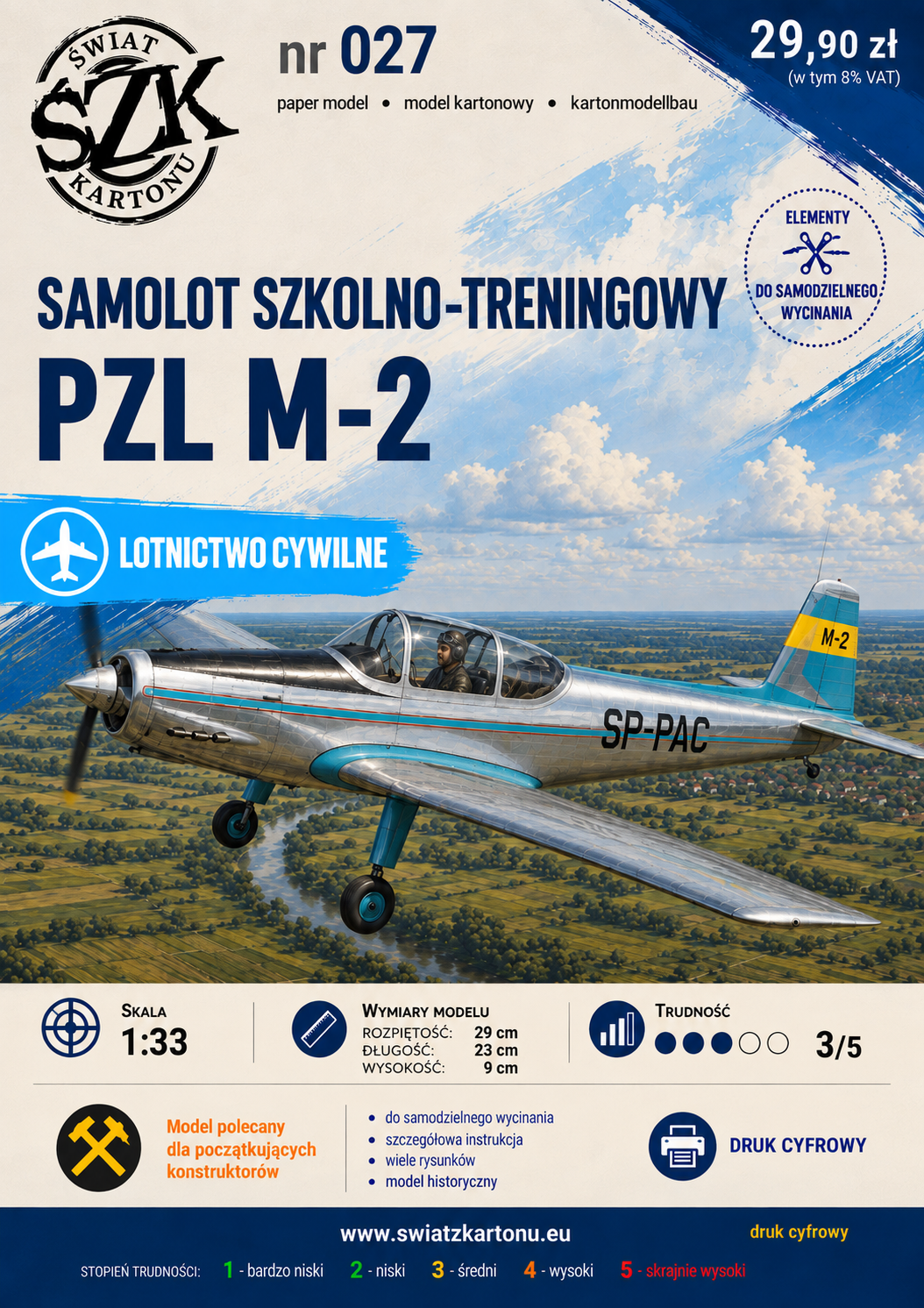 PZL M-2 1:33 – model kartonowy polskiego samolotu szkolno-treningowego – ŚzK 027