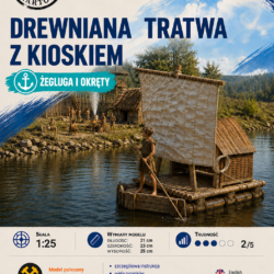 Drewniana tratwa z kioskiem 1:25 – model kartonowy dawnej jednostki pływającej – ŚzK 030