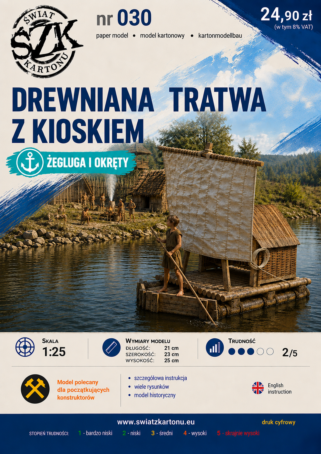 Drewniana tratwa z kioskiem 1:25 – model kartonowy dawnej jednostki pływającej – ŚzK 030