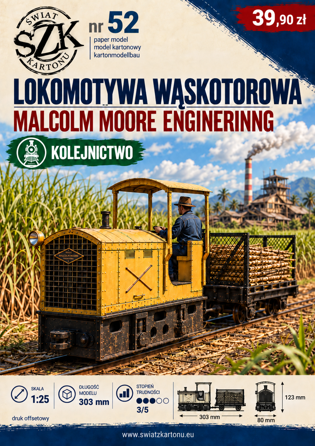 Malcolm Moore Engineering 1:25 – model kartonowy lokomotywy wąskotorowej z wagonem – ŚzK 052