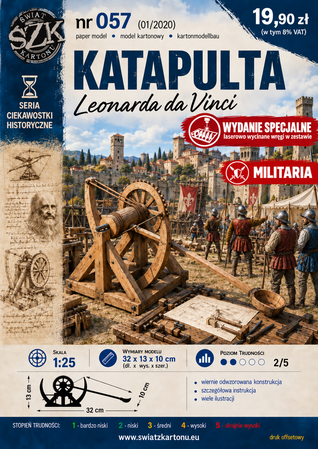 Katapulta Leonarda da Vinci 1:25 – model kartonowy machiny wojennej z laserowo wycinanymi wręgami – ŚzK 057