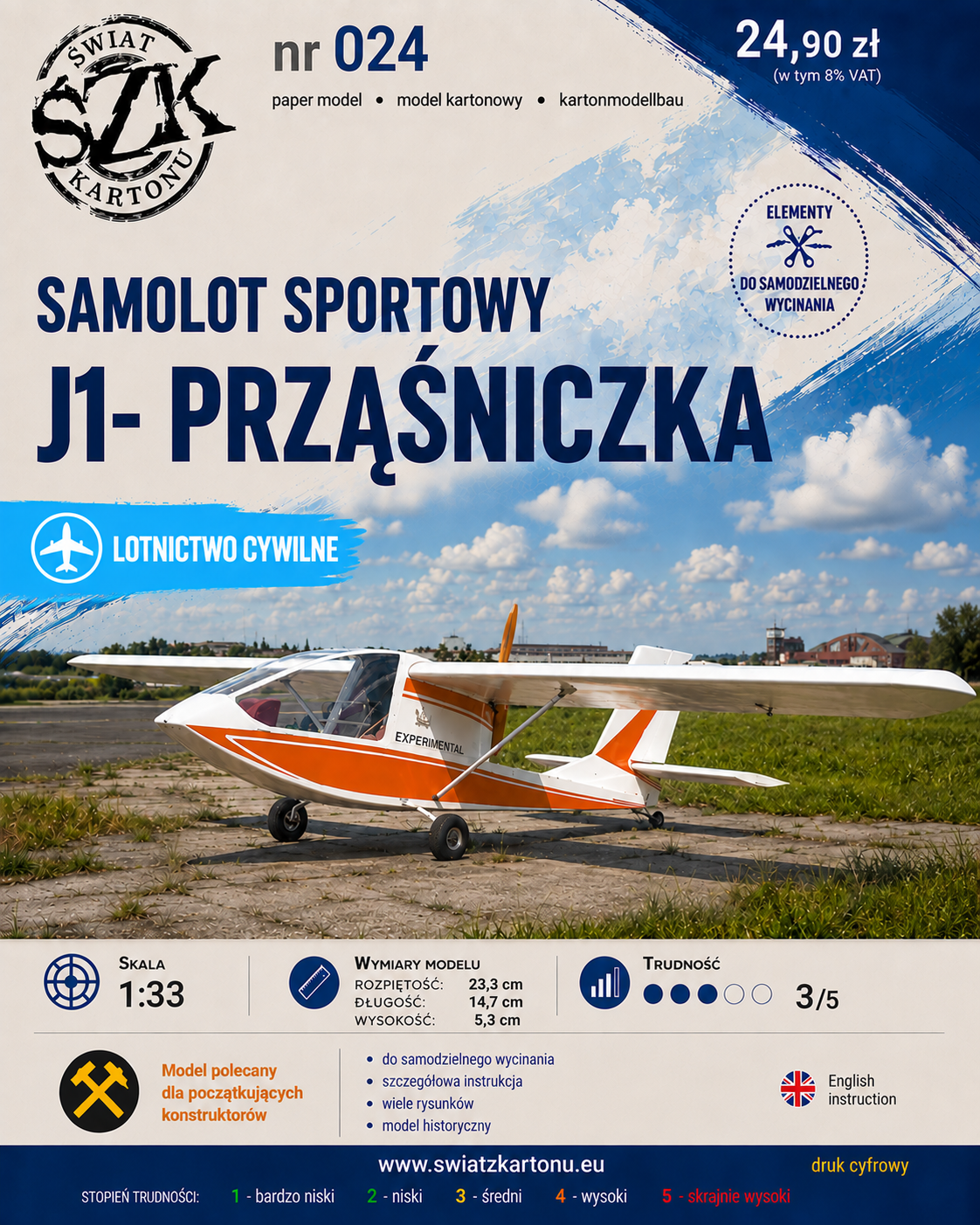 J1 Prząśniczka 1:33 – model kartonowy polskiego samolotu sportowego – ŚzK 024
