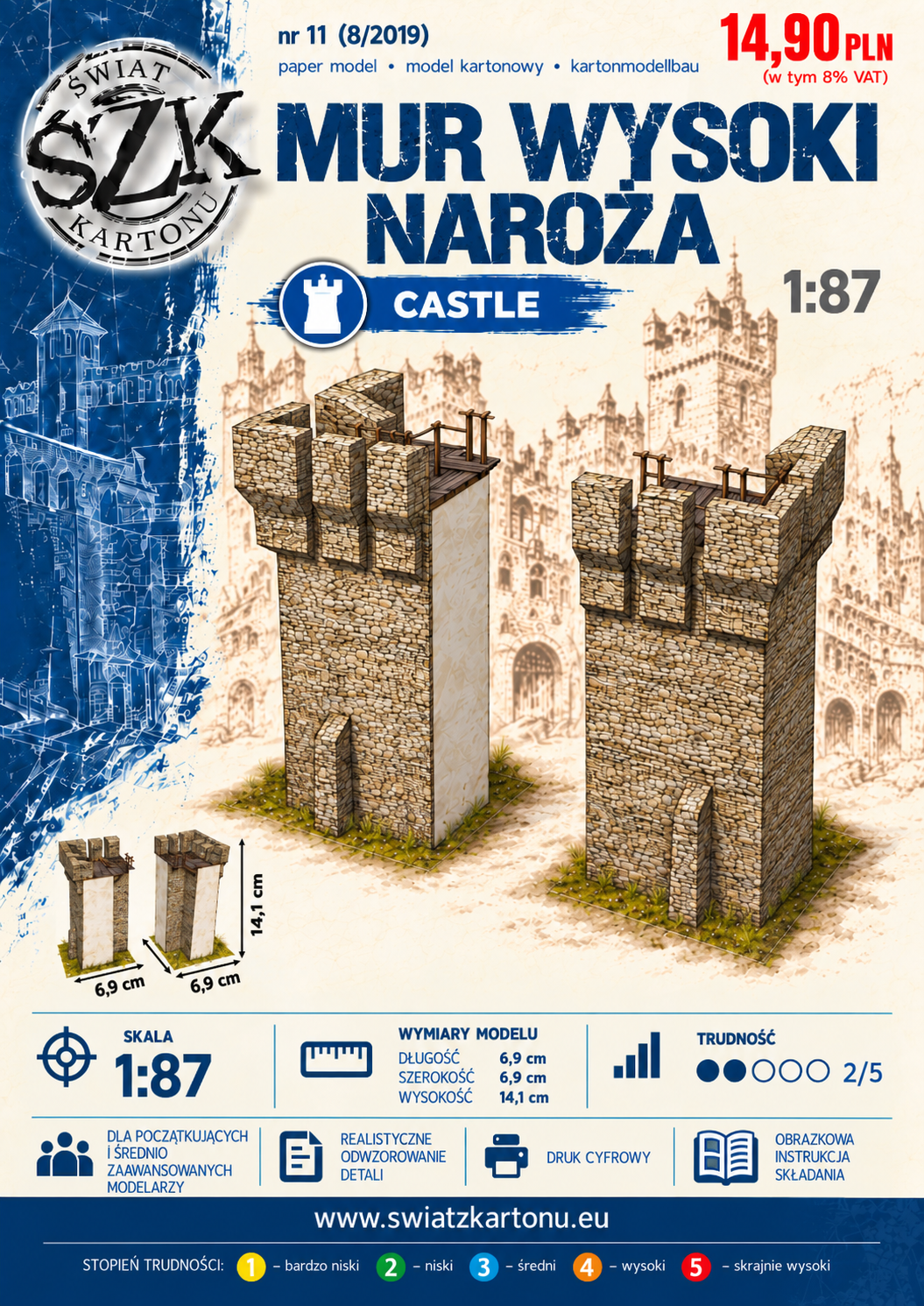 Mur wysoki – naroża zewnętrzne 1:87 (H0) – model kartonowy elementów fortyfikacji – ŚzK C011