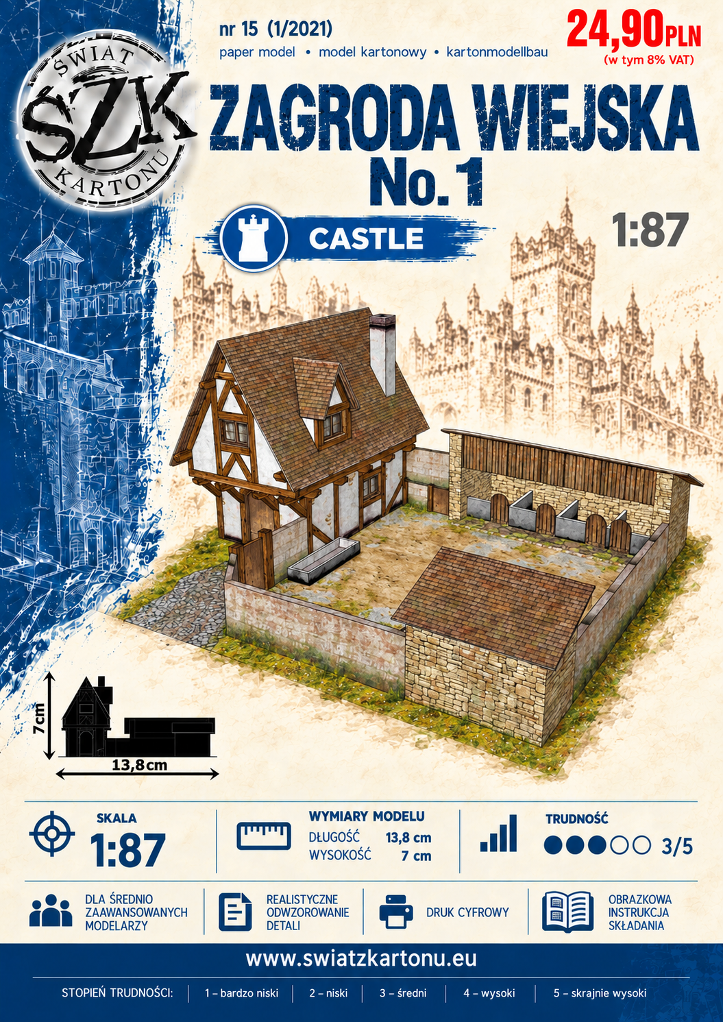 Zagroda wiejska No. 1 1:87 (H0) – model kartonowy średniowiecznej zagrody – ŚzK C015