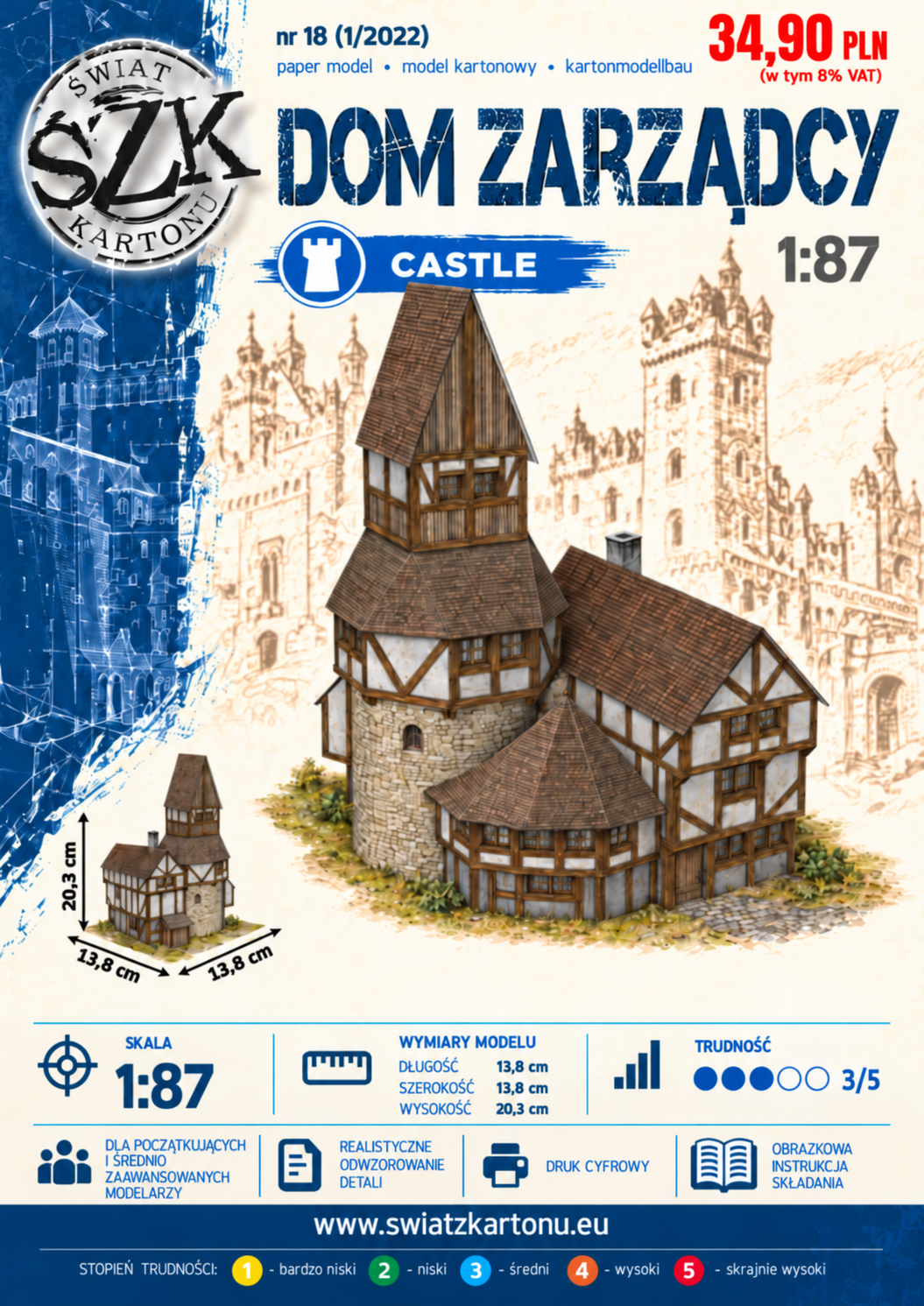 Dom zarządcy 1:87 (H0) – model kartonowy średniowiecznego budynku – ŚzK C018
